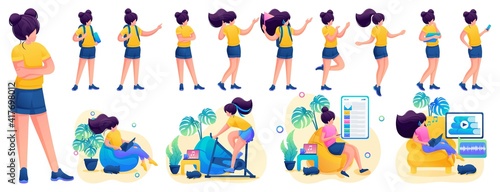 Young girl in various poses and actions, communication, work, training. 2D flat character vector illustration N2