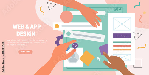 Hands working on the layout of a web page and app design for a digital device viewed from above, flat cartoon colored vector illustration
