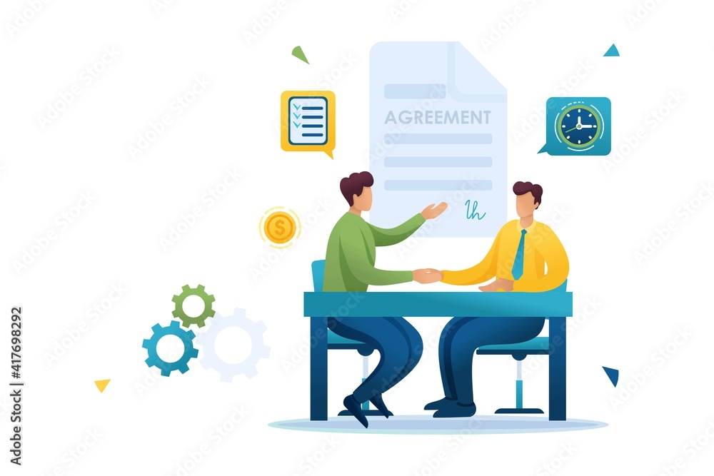 Merger of companies, businessmen sign an agreement. Flat 2D Web design Merger of companies, businessmen sign an agreement. Flat 2D Web design
