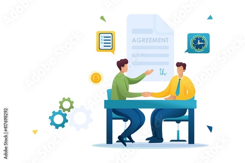 Merger of companies, businessmen sign an agreement. Flat 2D Web design
