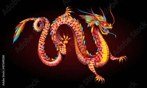 Drawing of Chinese dragon. Vector- stock. Ilustration isolated on black.