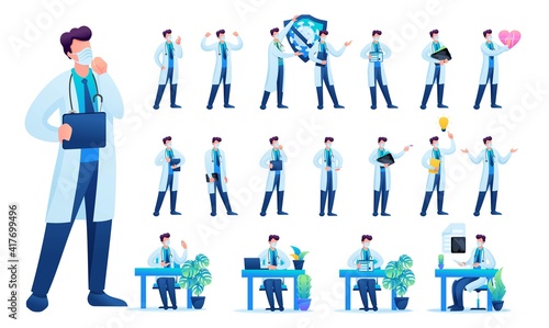 Set of Man doctor. Presentation in various in various poses and actions. 2D Flat character vector illustration N7