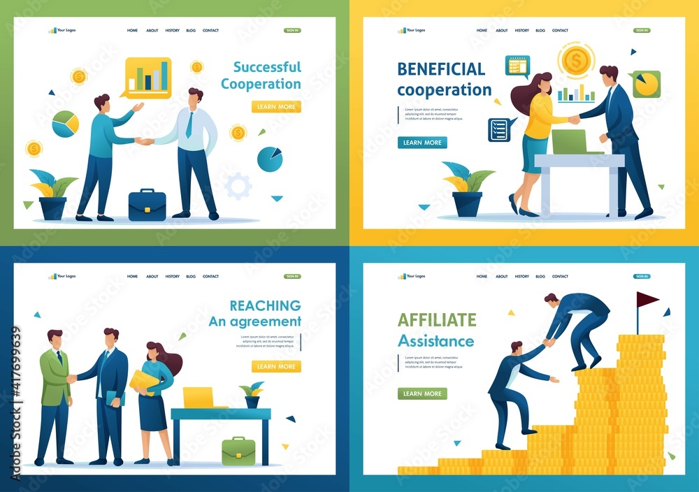 Set of landing pages on the topic of cooperation between companies, business. Flat 2D