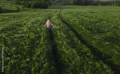 girl runs in a blue dress in a green field of rye back view