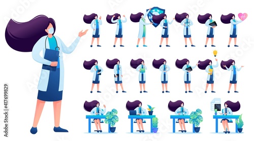 Set of Woman doctor. Presentation in various in various poses and actions. 2D Flat character vector illustration N1