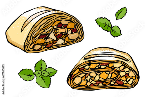 Illustration set leaf mint and slices Viennese apple strudel. Isolated objects on white background. Doodle cute style.