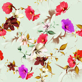 Vintage seamless background pattern. Mixed of flowers and leaves on light pastel. Abstract, hand drawn, vector - stock.
