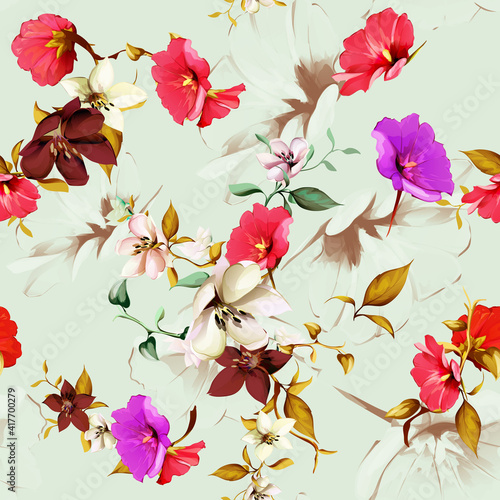 Vintage seamless background pattern. Mixed of flowers and leaves on light pastel. Abstract  hand drawn  vector - stock. 