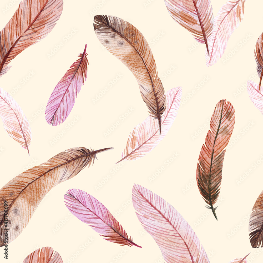 Watercolor natural birds feathers boho pattern. Bohemian Seamless texture with hand drawn feathers. Feather boho illustration for your design. Bright blue colors decoration. Watercolor natural birds feathers boho pattern. Bohemian Seamless texture with hand drawn feathers. Feather boho illustration for your design. Bright blue colors decoration.
