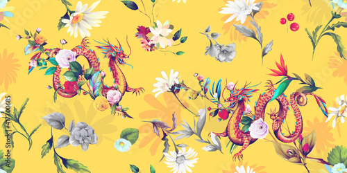 Abstract wide vintage seamless background pattern. Field flowers with leaves, camomile and chinese dragon behind on yellow. Hand drawn, vector - stock.
