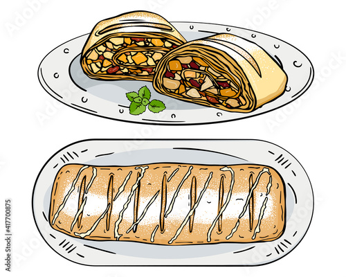 Illustration set slices and Viennese apple strudel isolated on plate. Isolated objects on white background. Doodle cute style.