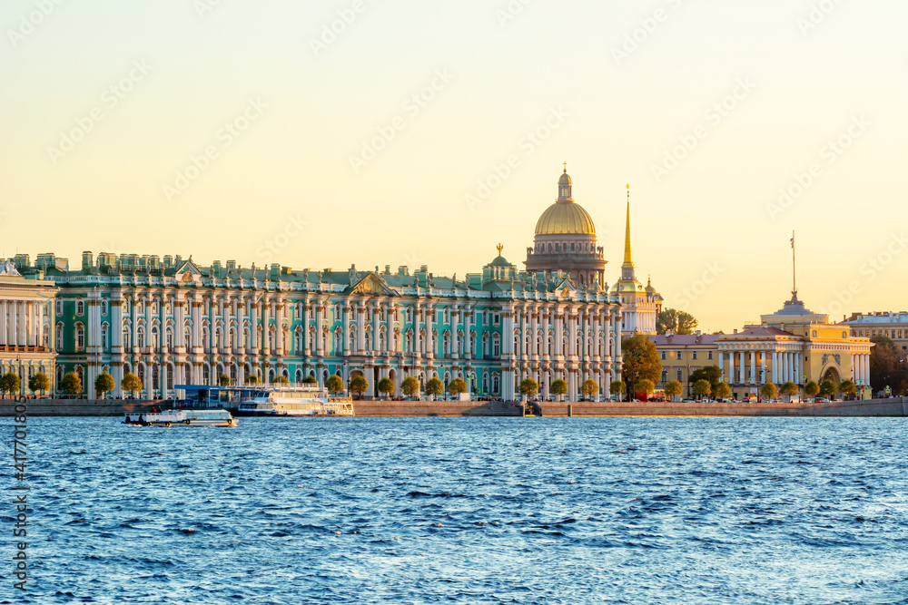 Saint Petersburg cityscape with St. Isaac's Cathedral, Hermitage museum and Admiralty, Russia