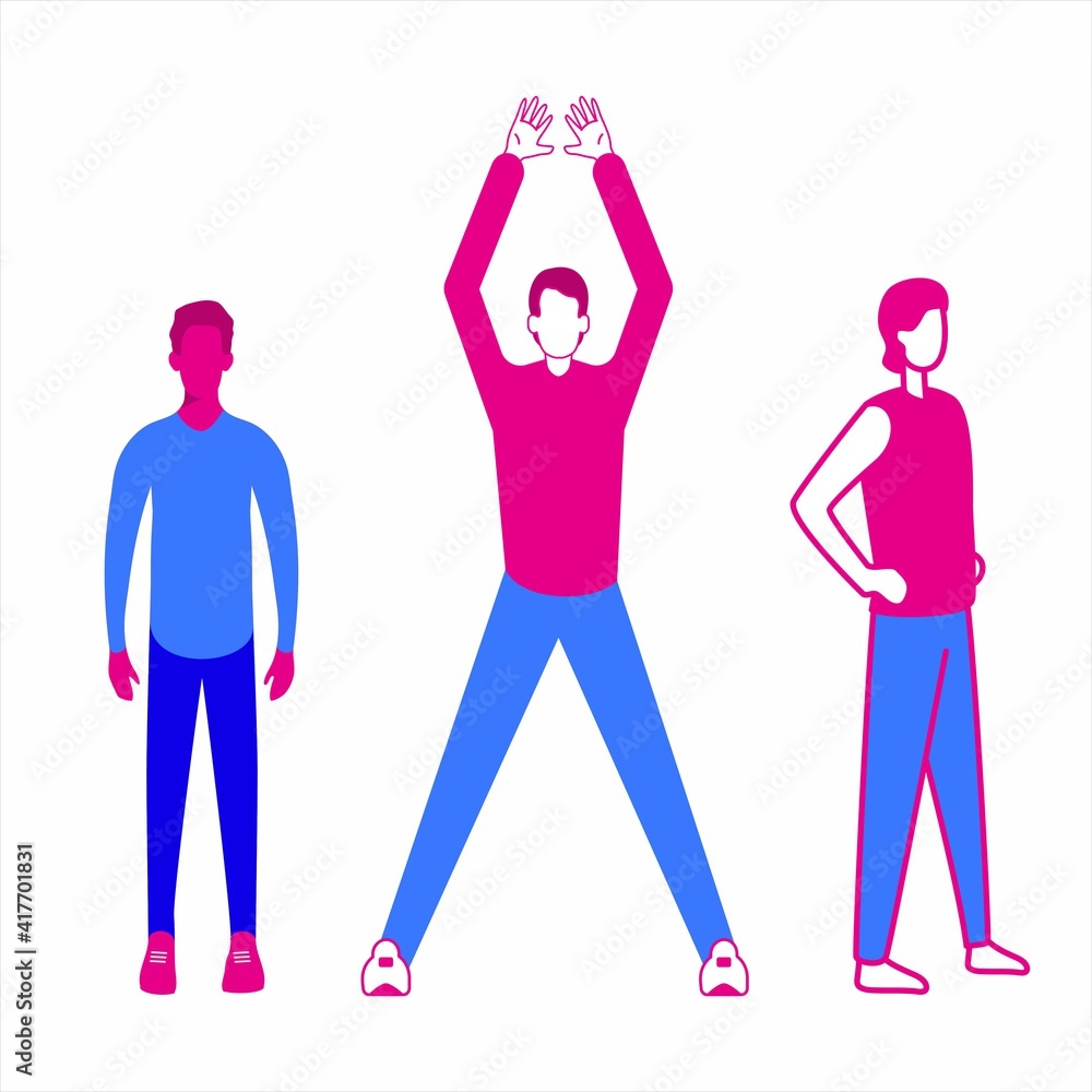 Set of men doing exercises. Sports people in vector. Fitness theme. Guy