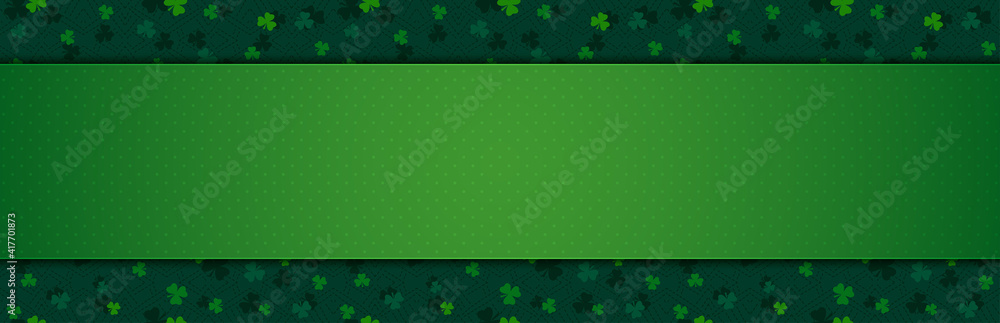 Green Patrick's Day greeting banner with green clovers. Patrick's Day holiday design. Horizontal background, headers, posters, cards, website. Vector illustration Green Patrick's Day greeting banner with green clovers. Patrick's Day holiday design. Horizontal background, headers, posters, cards, website. Vector illustration