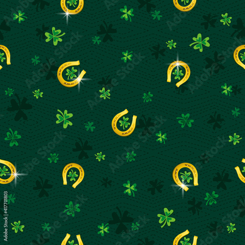 Green Patrick's Day background with golden horseshoe and clover. Patrick's Day design. Seamless Pattern. Can be used for wallpaper, web, scrap booking, vector illustration.