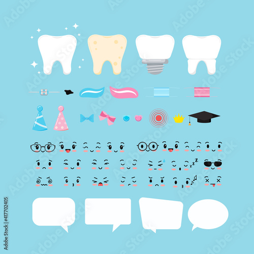 Tooth emoticon creator pack. Teeth dental set white, with tartar, crown, implant, faces with eyes and mouth. Additional tooth accessories kit - braces, caries, bow, mask, toothpaste, pain, crown, hat.