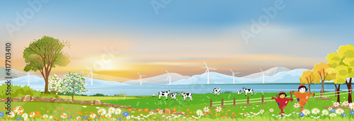 Spring landscape in village with green field and sunset,Vector cartoon rural farmland with animals cows, scarecrow and windmills by the sea,Organic farming