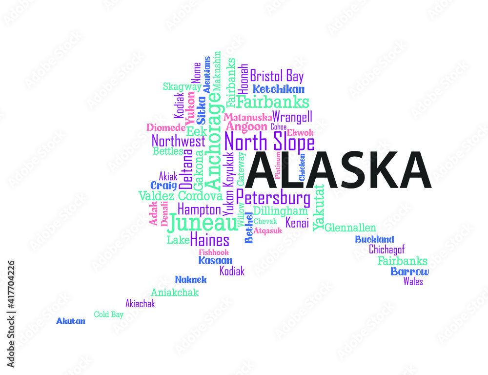 Word cloud map design includes all Counties, Cities, Municipalities in the state of Alaska. It's an editable vector file.