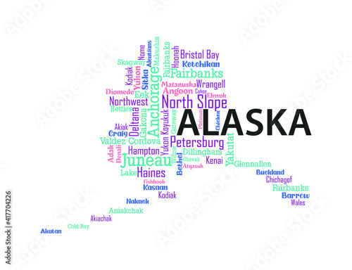 Word cloud map design includes all Counties, Cities, Municipalities in the state of Alaska. It's an editable vector file.