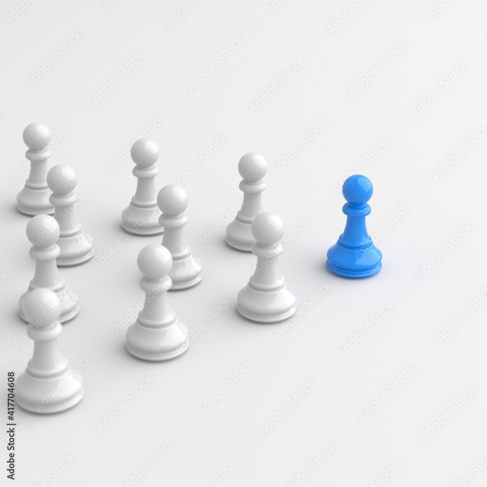 Leadership concept, blue pawn of chess, standing out from the crowd of white pawns, on white background. 3D Rendering Leadership concept, blue pawn of chess, standing out from the crowd of white pawns, on white background. 3D Rendering