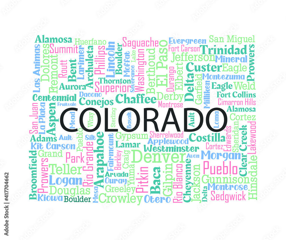 Fototapeta premium Word cloud map design includes all Counties, Cities, Municipalities in the state of Colorado. It's an editable vector file.