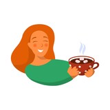 Cartoon style. Portrait of woman holding a cup of hot chocolate. Icon for logo and sticker. Sweet drink. Happy person
