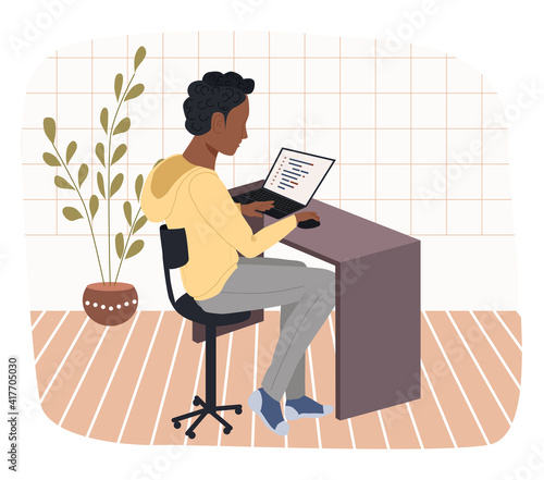 African man working at home as a programmer, remote project management, quarantine.