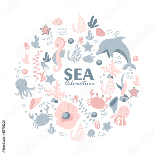 Illustration of the underwater world with a funny sea animals