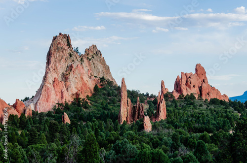 Scenic Rock Formations at Garden of the Gods, Colorado. Beautiful scenic natural mountain peaks. Travel destination location with recreational hiking, biking and rock climbing. 