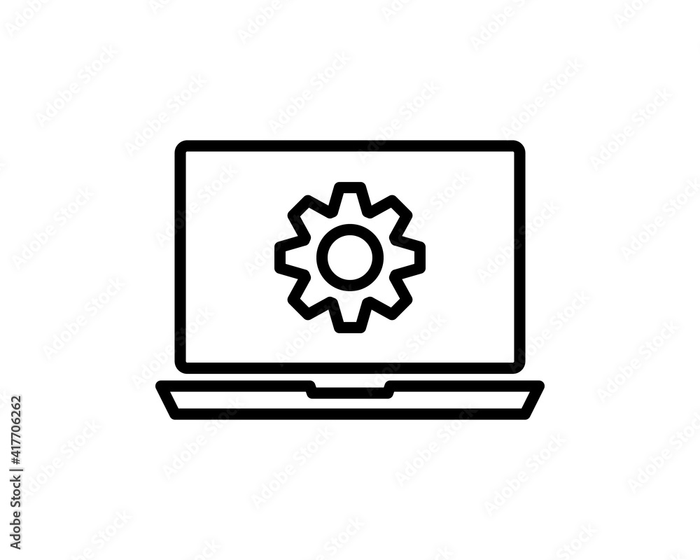 Laptop and gears icon with update screen. Update process, install new software, operating system, update support, setting options, maintenance, adjusting app, laptop service concept - for stock Laptop and gears icon with update screen. Update process, install new software, operating system, update support, setting options, maintenance, adjusting app, laptop service concept - for stock