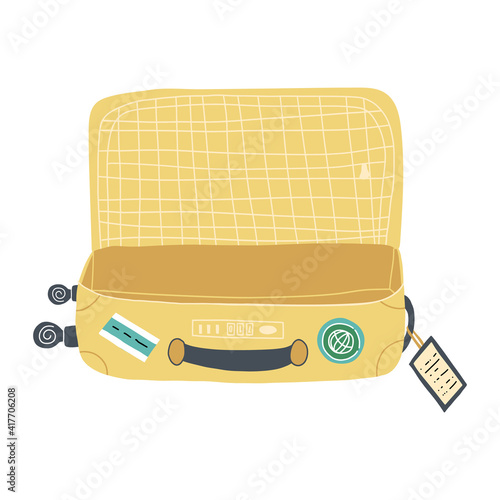 An open yellow suitcase, empty and ready for packing and travel. Cartoon style hand-drawn illustration.