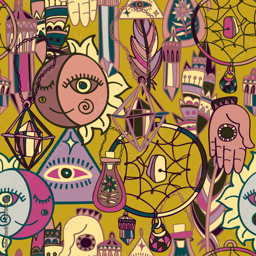 Vector colorful seamless pattern of lined alchemic bottles, tubes and grails
