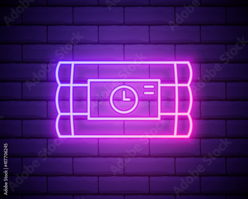 Glowing neon Detonate dynamite bomb stick and timer clock icon isolated on brick wall background. Time bomb - explosion danger concept. Vector Illustration