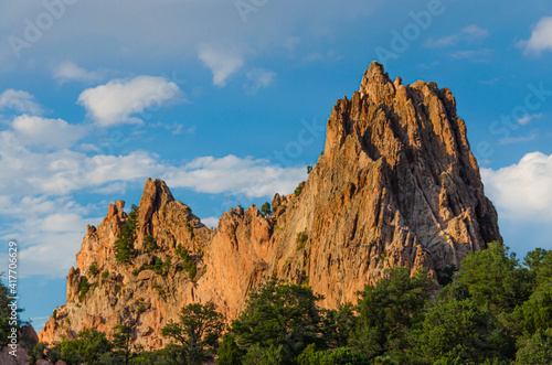 Scenic Rock Formations at Garden of the Gods, Colorado. Beautiful scenic natural mountain peaks. Travel destination location with recreational hiking, biking and rock climbing.