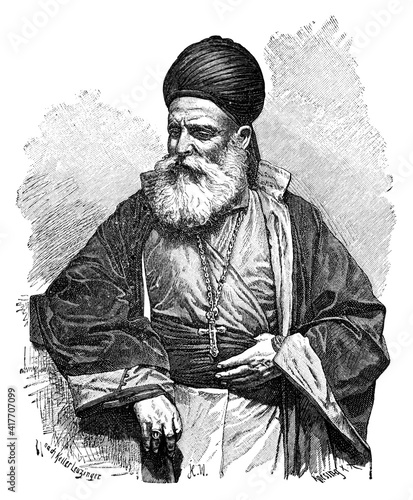 Maronite Christian priest, Syria.Culture and history of Western Asia. Vintage antique black and white illustration. 19th century. photo