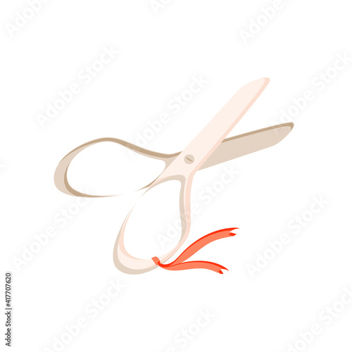Isolated object against white background. Scissors with a ribbon for Needlework. Vector in flat style. Women's hobby. Scissors. Suitable for specialized illustrations, layouts and posters.