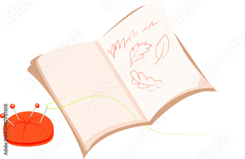 Isolated object against white background. Needlework. A pillow with needles and a notebook with sketches. Vector in flat style. Suitable for specialized illustrations, layouts and posters.