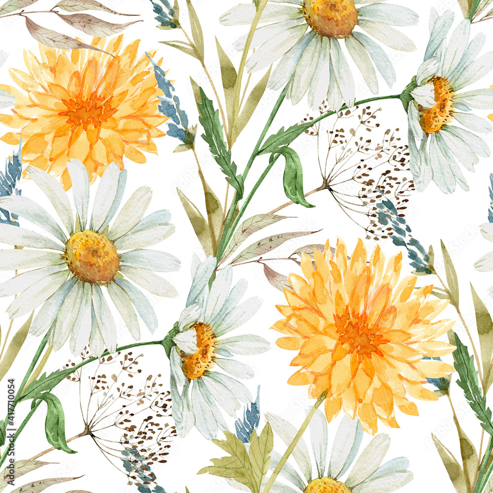 seamless pattern with watercolor tender yellow and white flowers and plants, hand painted on a white background