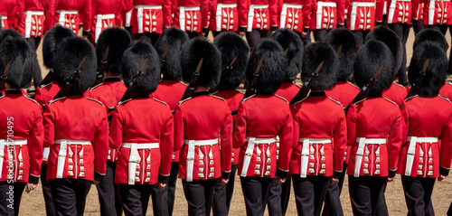 Slika na platnu Trooping the Colour, military ceremony at Horse Guards Parade, Westminster with the Coldstream Guards in their red and black traditional uniform and bearskin hats