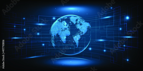 Digital communication system wire connecting network around the world.Dark blue futuristic for technology background banner and wallpapers.Vector illustrations.