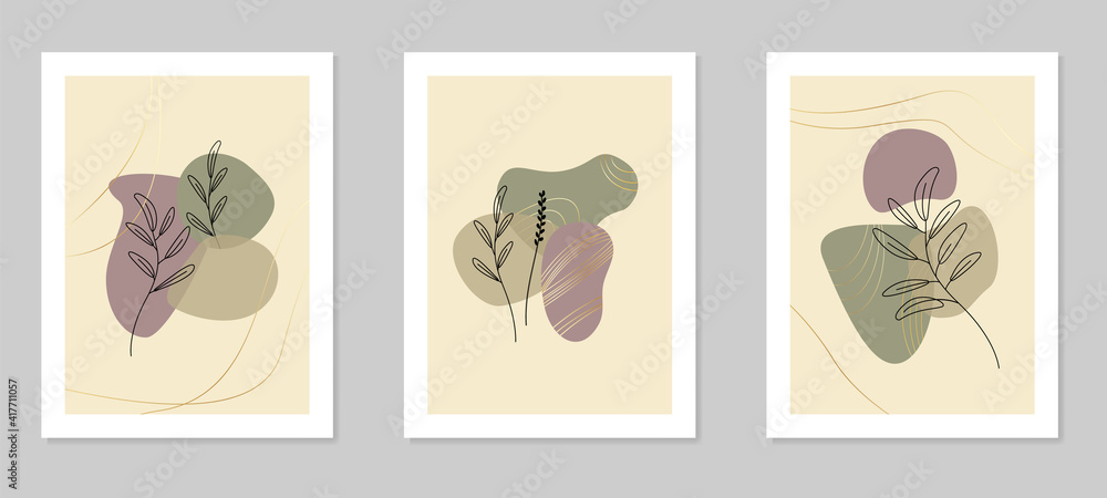Floral wall art set. Botanical line art with abstract shapes.Vector illustration in a minimalistic style.