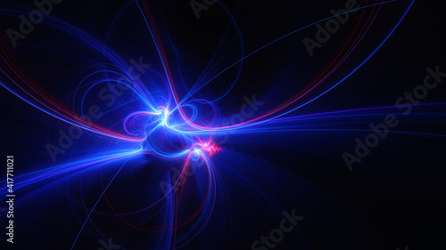 Abstract background, smooth blue and red lines on a black background.