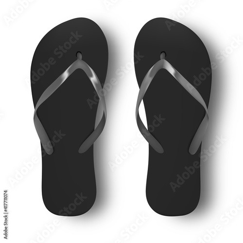Beach flip flops slippers vector design template. Realistic 3d blank mockup. Beach slippers sign. Monochrome Flip Flops.