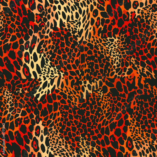 Full seamless leopard cheetah animal skin pattern. Red Orange Design for women textile fabric printing. Suitable for trendy fashion use.