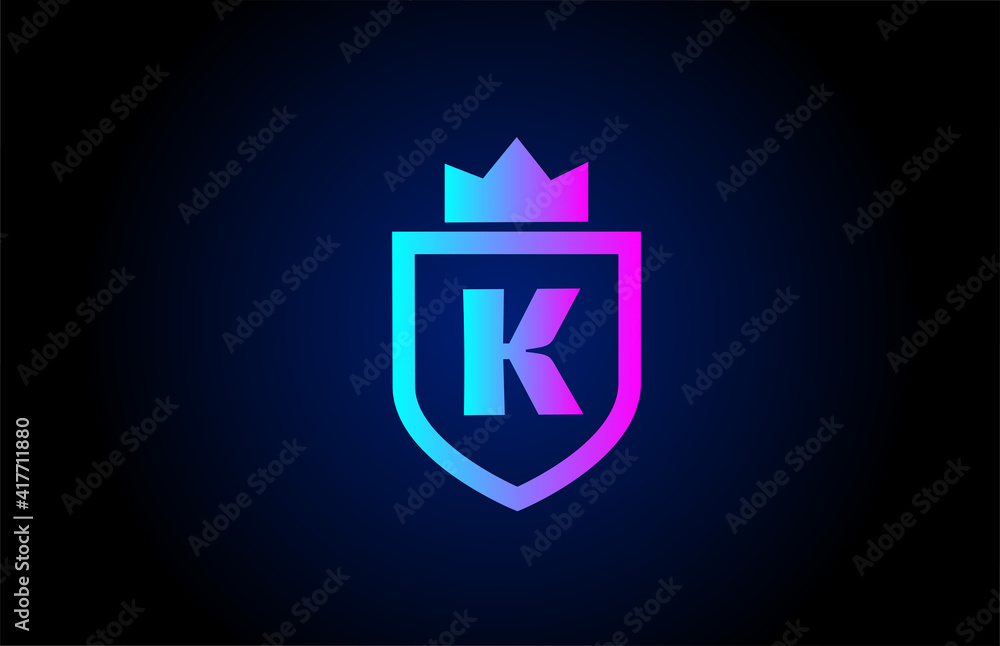 royal K alphabet letter icon logo for business. Company design with king crown and shield in gradient color for corporate identity royal K alphabet letter icon logo for business. Company design with king crown and shield in gradient color for corporate identity