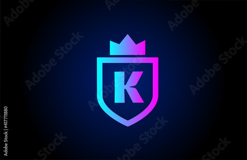 royal K alphabet letter icon logo for business. Company design with king crown and shield in gradient color for corporate identity