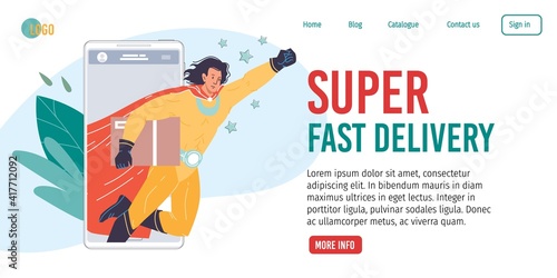 Vector cartoon flat superhero character comes to rescue from mobile app screen,carries order package-super fast orders delivery,mass pop culture,speed,power,responsibility,landing page design concept
