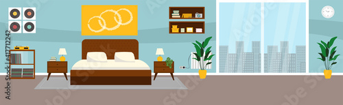 Bedroom with furniture and big window. Flat style vector illustration. Cozy interior. Hotel room.