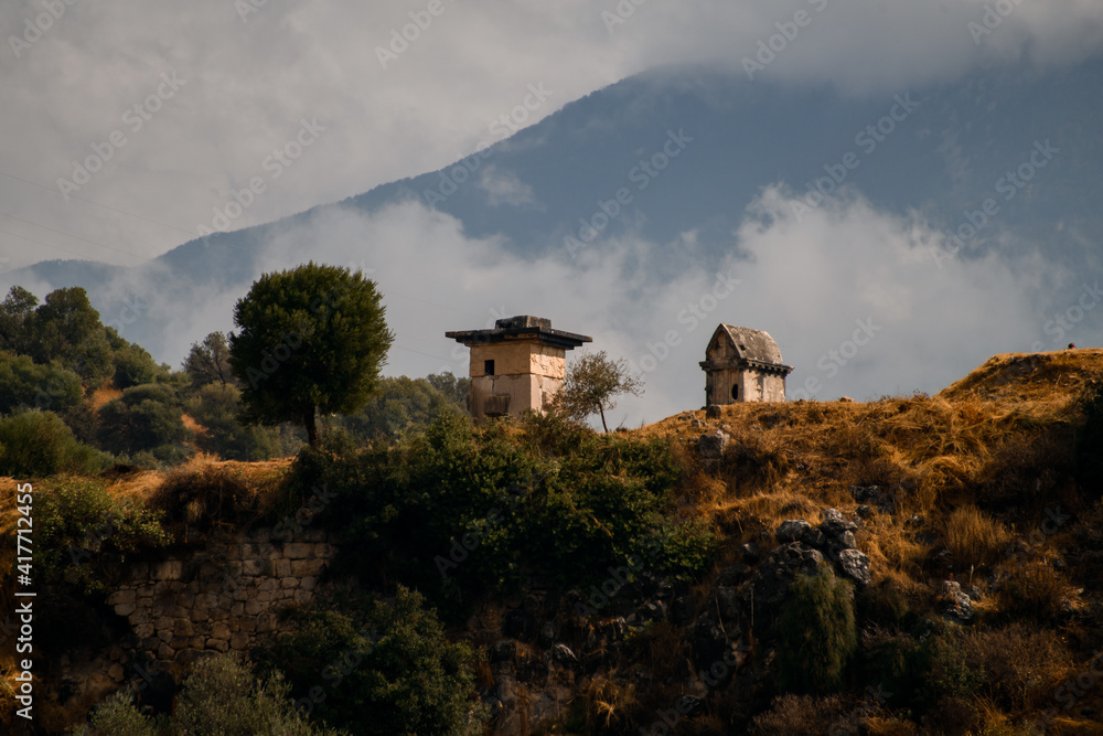 beautiful view of unusual buildings in mountains in Turkey