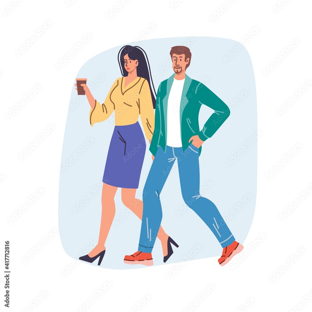 Vector cartoon flat characters couple on walk.Young man woman in love walking outdoors-emotions,friendship,communication,relationships,web online banner social concept